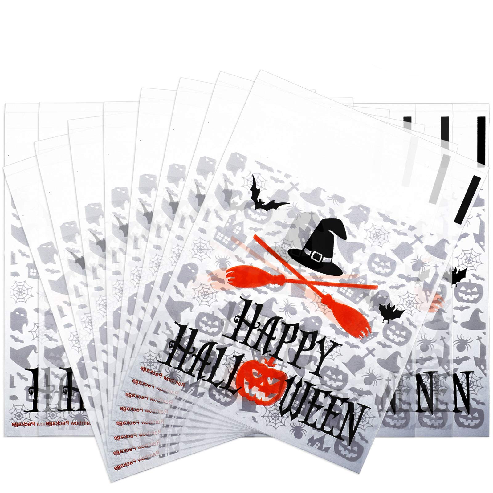 100 Pack Clear Halloween Treat Bags - Self-Adhesive Cellophane Candy Bags for Party Favors, Cookie Packaging & Halloween Decorations | Perfect for Trick-or-Treating, School Parties & Holiday Gift Wrapping