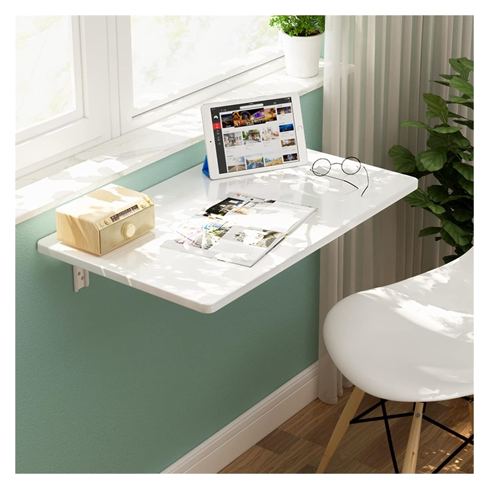 Foldable Wall Mounted Kids Desk - Space Saving Folding Table with Metal Brackets for Bedroom, Balcony, Dorm (70x50cm, White) - Perfect for Study, Reading & Small Spaces