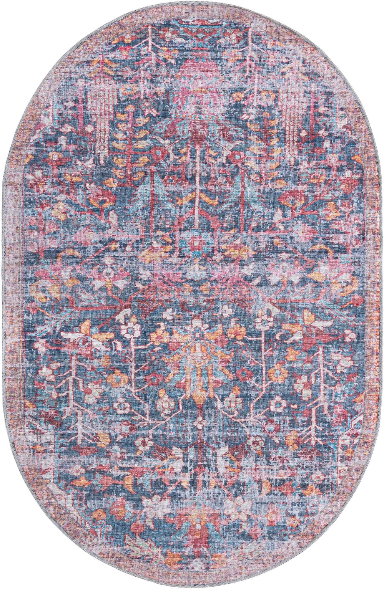 Washable Navy Blue 5' x 8' Oval Low-Pile Rug - Maahru Collection by Rugs.com | Non-Slip Living Room Carpet, Dining Area Floor Mat, Pet-Friendly Home Decor for Open Concept Spaces