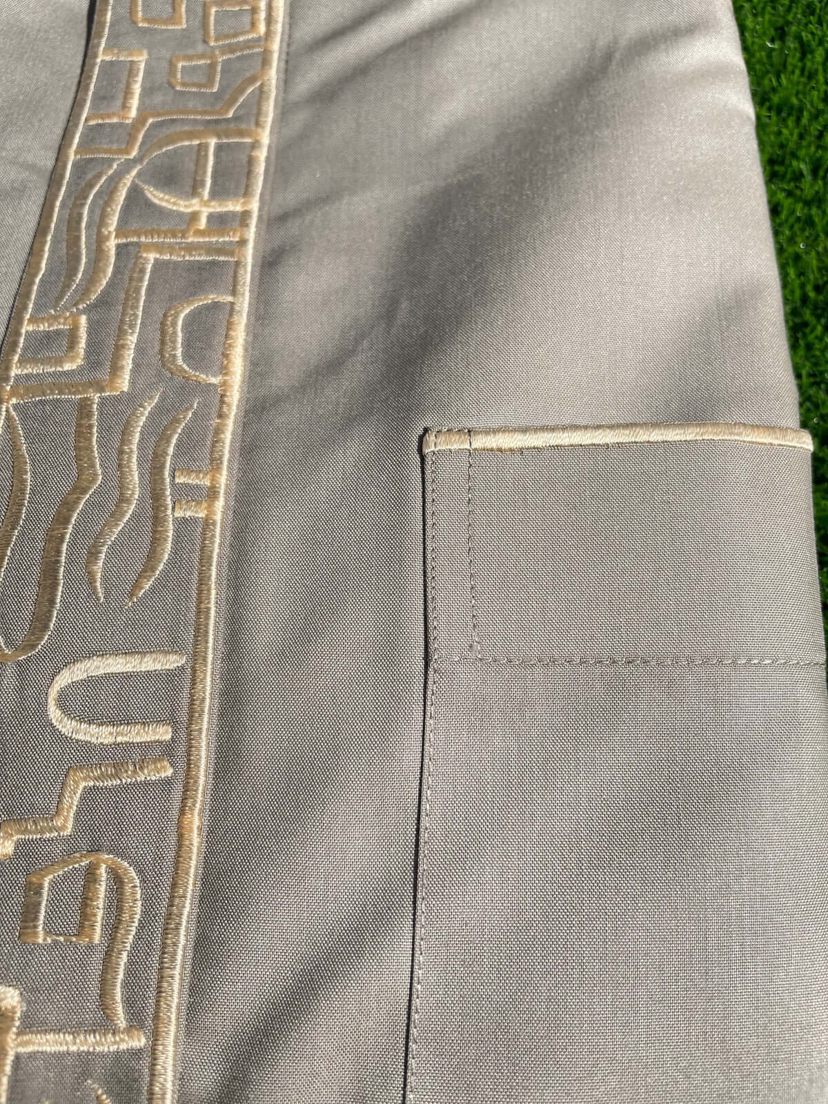 Premium Men's Silvered Sage Saudi Thobe with Gold Embroidery - Traditional Arabic Robe for Eid, Wedding & Special Occasions