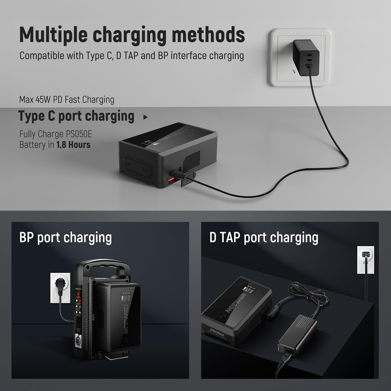 NEEWER Mini V Mount Battery 3450mAh 50Wh with D-Tap/USB-C/USB-A/BP/Dual DC Ports & OLED Screen - 14.54V V-Lock Battery for Sony/Fuji/Canon Cameras, Supports 45W PD Fast Charging - Perfect for DSLR Cameras, Monitors, Camcorders & Video Lights (Model PS050E)