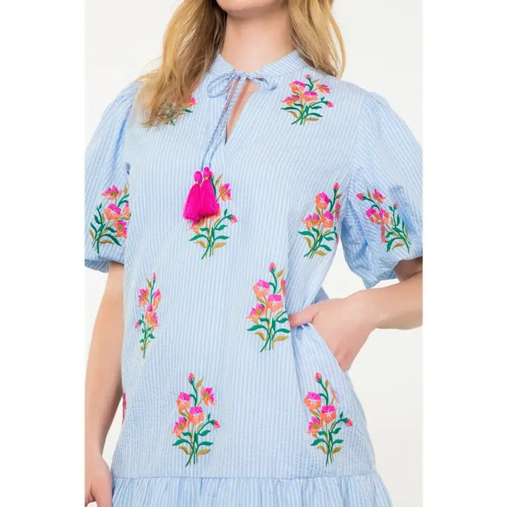 Stylish Embroidered Striped Dress for Women - Floral Summer Casual Dress - Perfect for Beach, Vacation, and Date Nights