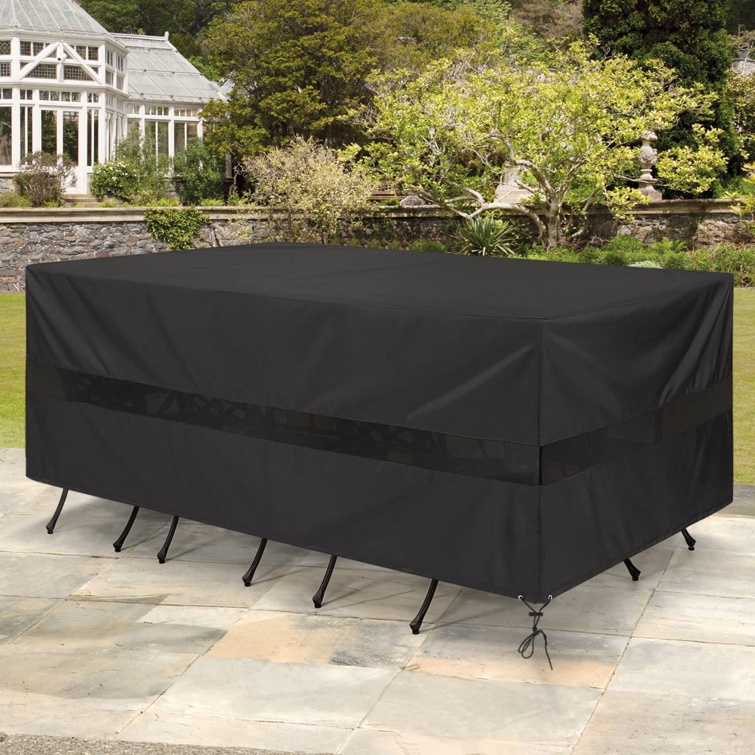 **SunPatio Waterproof Outdoor Patio Furniture Cover for Rectangular Table & Chairs Set - All-Weather Protection with Drawstrings & Taped Seams (76