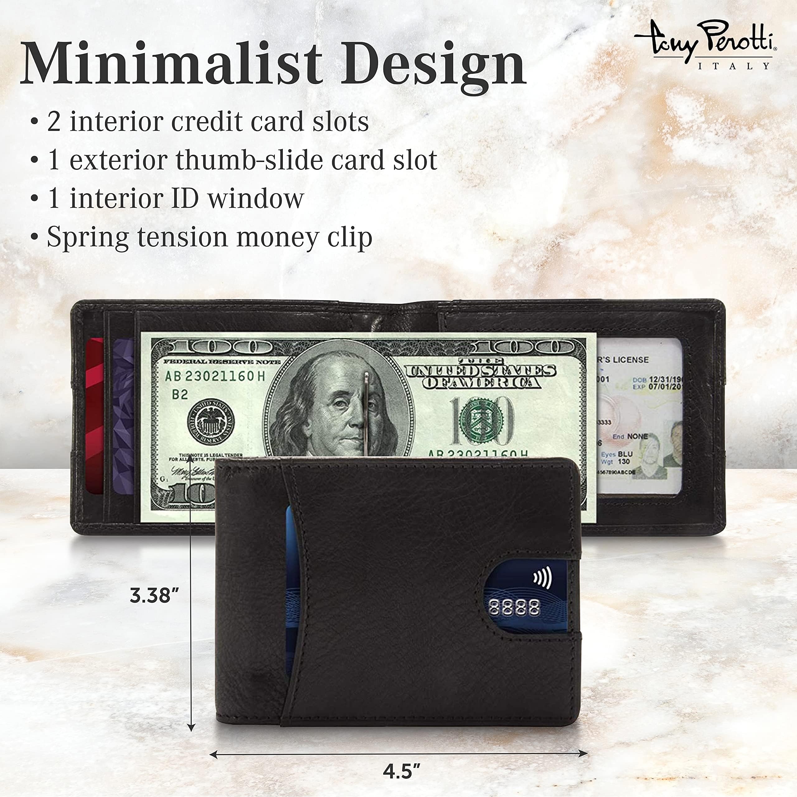 Tony Perotti Italian Leather Slim Money Clip Wallet for Men – Ultra Thin RFID Blocking Bifold Wallet with Credit Card Slots & ID Window – Premium Full Grain Eco-Tanned Leather – Handcrafted in Italy – Perfect for Everyday Carry, Business Travel & Minimalist Lifestyle