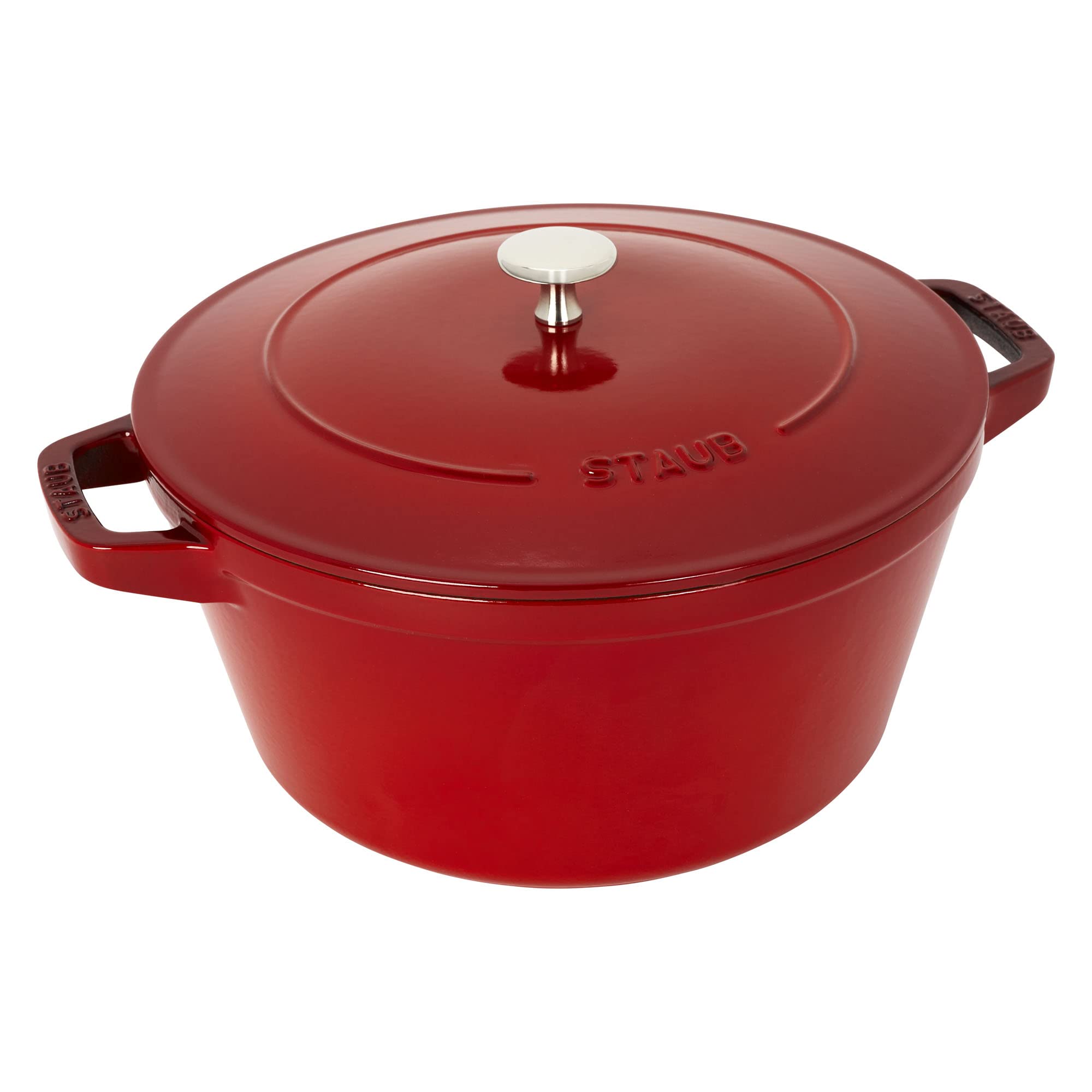 STAUB 4-Piece Cast Iron Cookware Set - Stackable Dutch Oven, Skillet & Grill Pan with Universal Lid - Premium French-Made Cherry Red Cookware for Baking, Roasting & Grilling - Perfect for Home Kitchens & Outdoor Cooking
