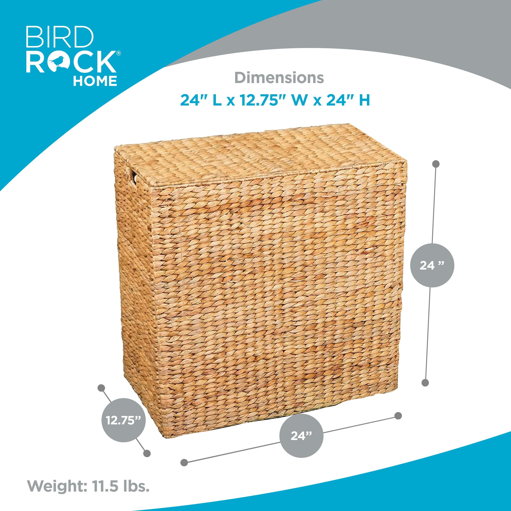 BIRDROCK HOME Handwoven Double Laundry Hamper with Removable Liner Bags & Lid - Natural Woven Laundry Basket for College Dorm, Bathroom, Bedroom | Clothes Storage & Organization Solution for Home, Apartment, or Shared Spaces