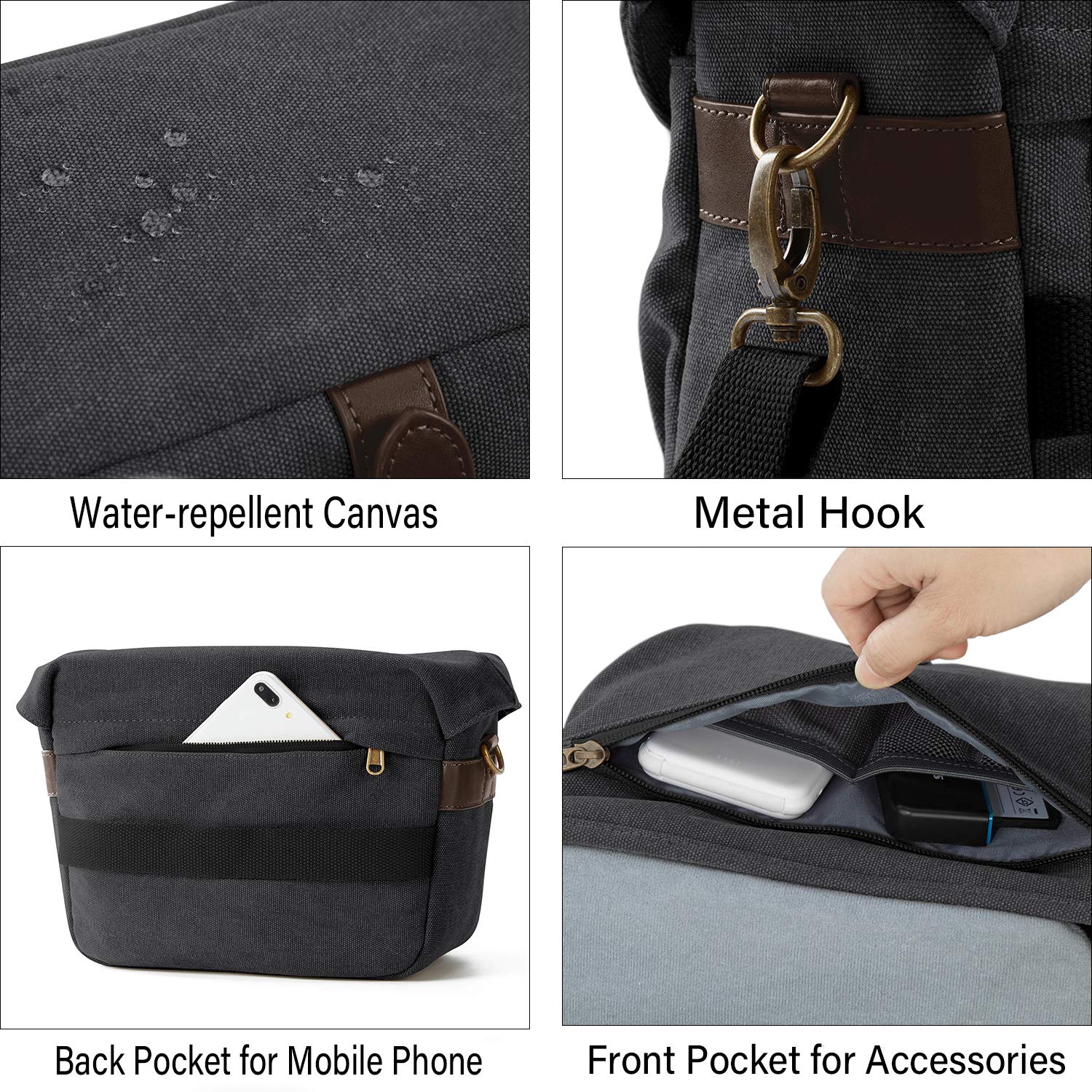 BAGSMART DSLR Camera Bag - Waterproof Canvas Crossbody Shoulder Bag for SLR/DSLR Cameras with Rain Cover - Compact & Stylish Photography Accessory for Men & Women (Black) - Perfect for Travel, Hiking & Outdoor Photography