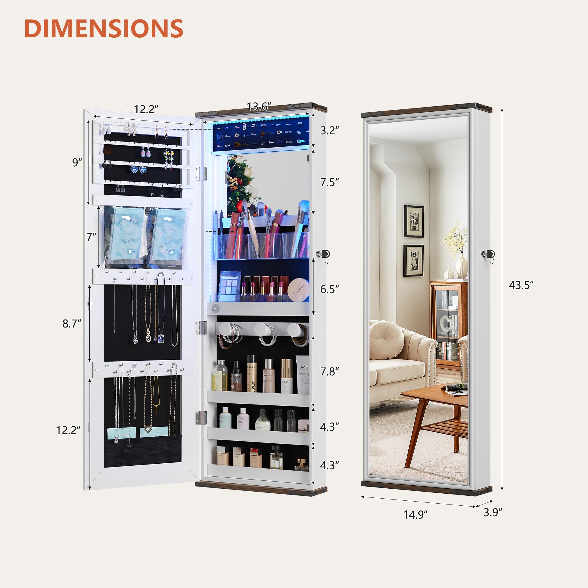 Farmhouse Jewelry Organizer with LED Lights - Wall or Door Mounted Jewelry Armoire Cabinet with Full Length Mirror, Storage & Lockable Interior - White - Perfect for Bedroom, Closet, and Dressing Room Organization