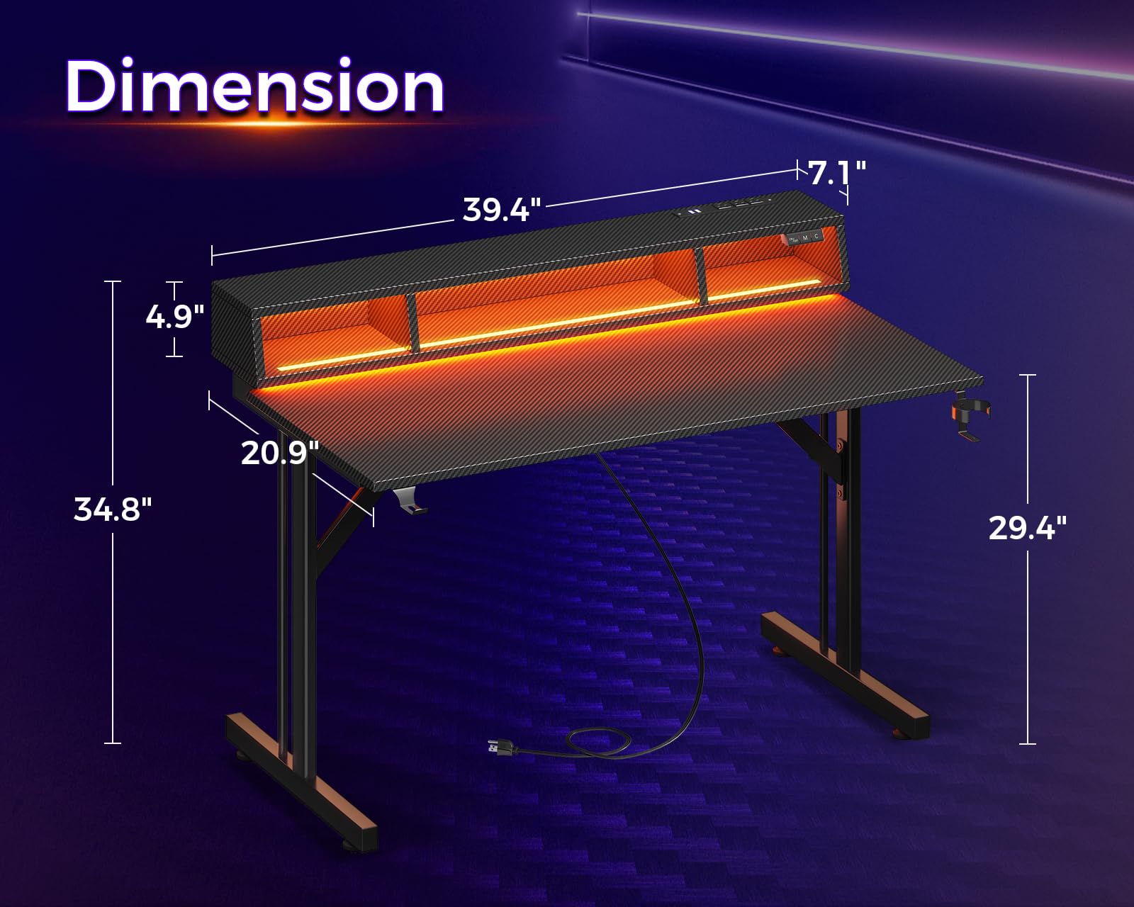 MOTPK 40 Inch LED Gaming Desk with Power Outlets & Floating Monitor Stand - Carbon Fiber Texture Computer Table for Kids & Teens - Perfect for Small Spaces, Gaming Setups & Home Office Workstations