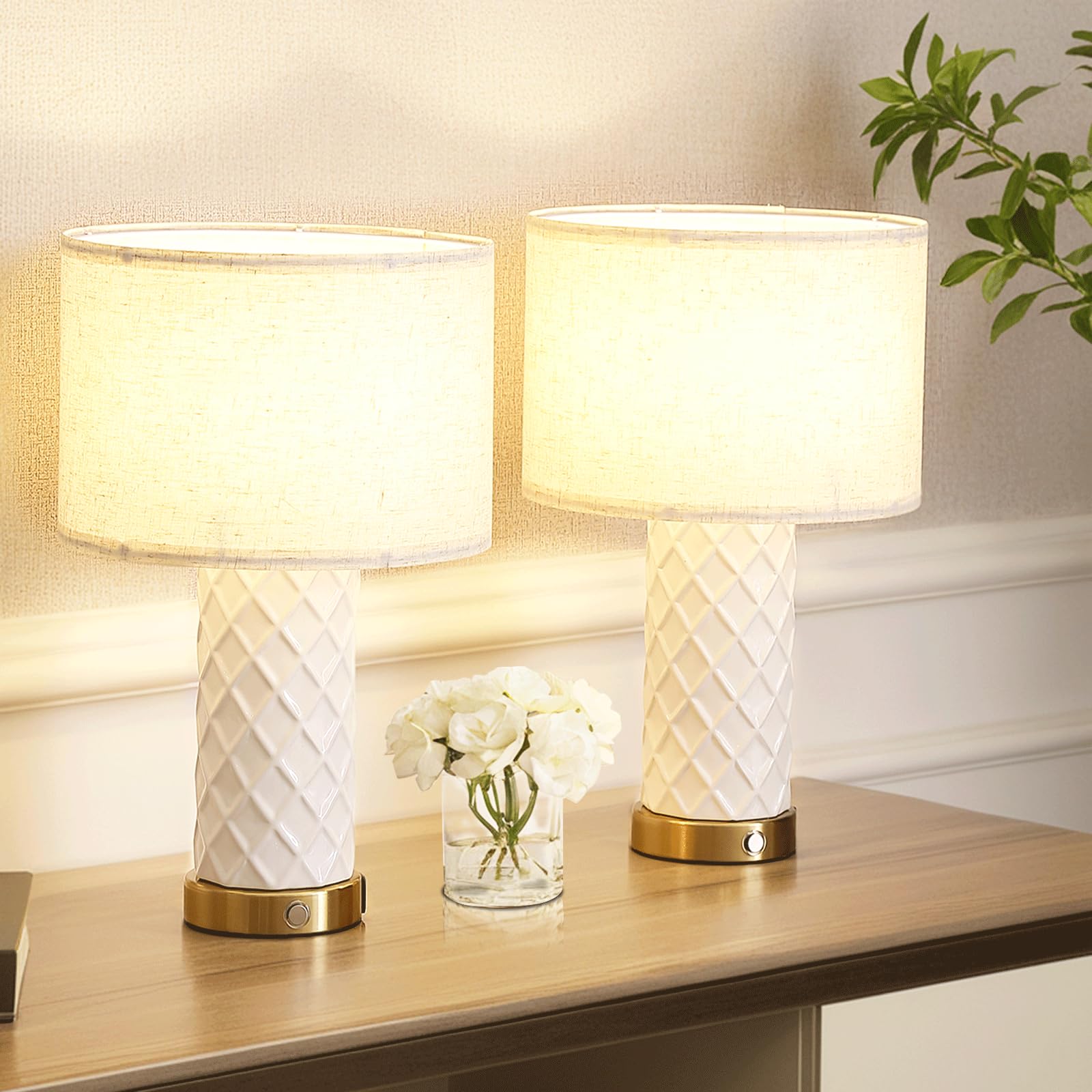 COTULIN 2-Pack White Ceramic Table Lamps - Modern Farmhouse Style 3-Way Dimmable Touch Control Bedside Lamps with USB Charging Ports (16