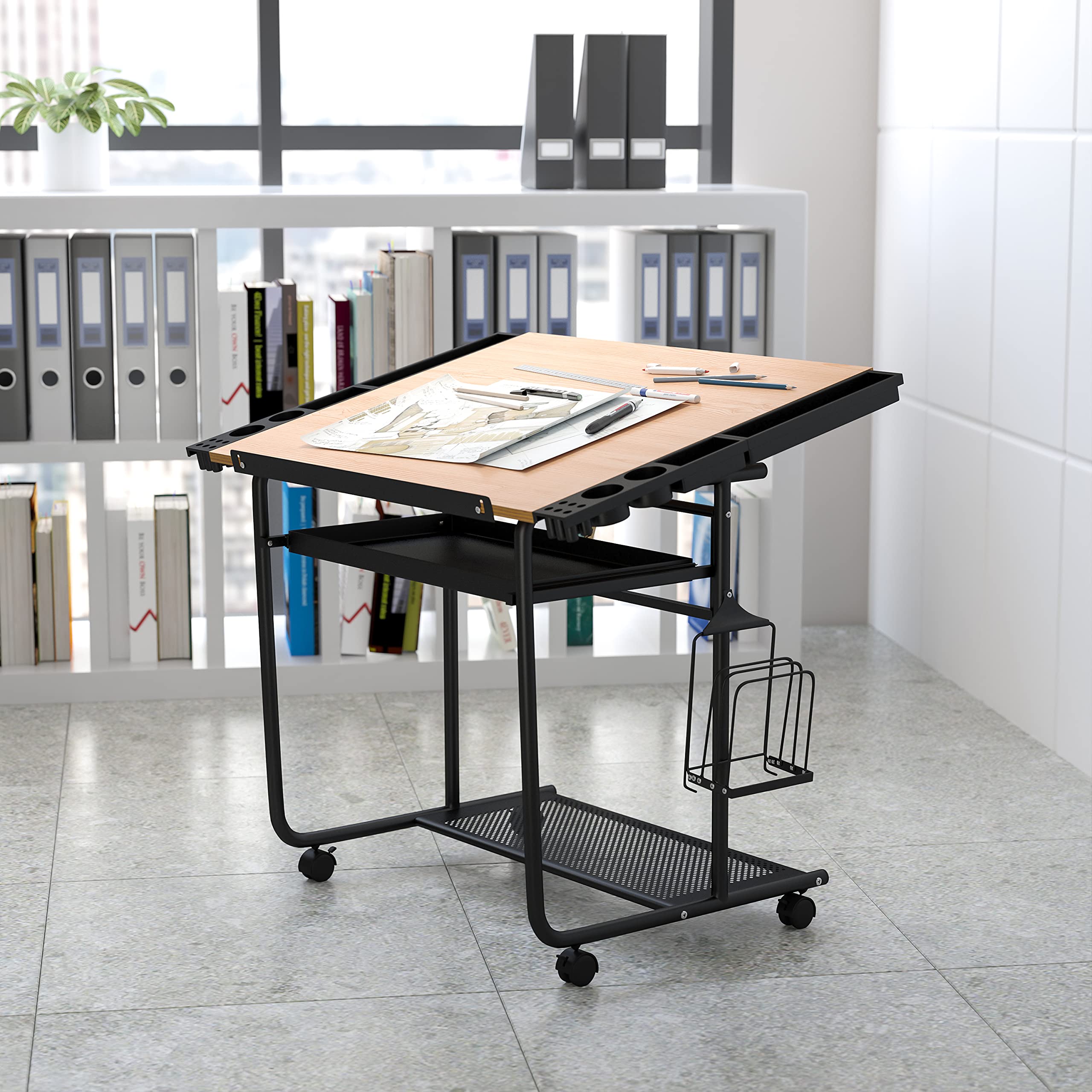 Adjustable Drafting Table with Dual Wheel Casters - EMMA & OLIVER Ergonomic Drawing Desk for Artists & Architects | Perfect for Home Studio, Office & Classroom Workspaces