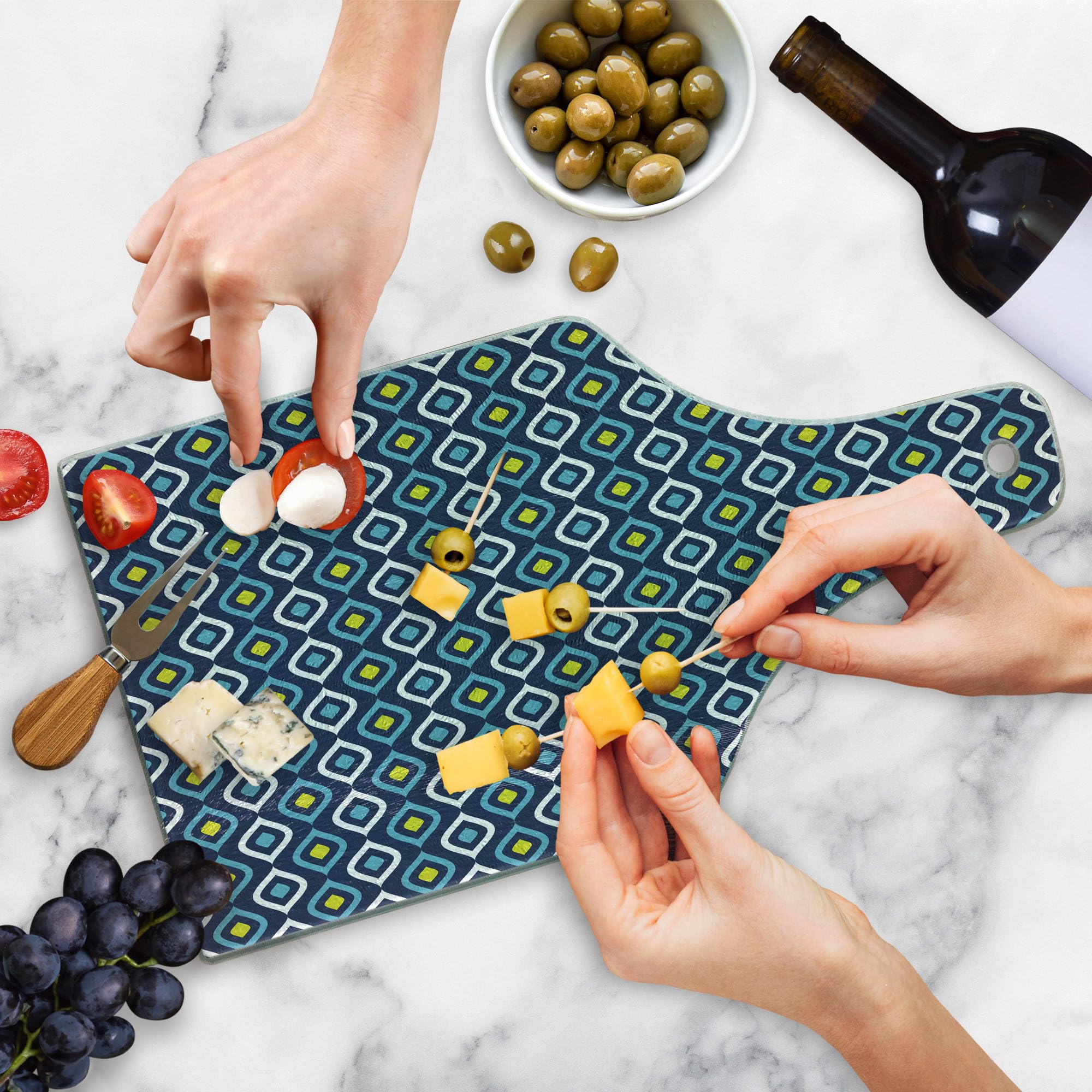 Ambesonne Navy Blue Tempered Glass Cutting Board - Abstract Leaf Design with Inner Circle Spots in Vibrant Yellow & White | Decorative Serving Board for Cheese, Charcuterie & Wine | Perfect for Kitchen, Dining & Entertaining