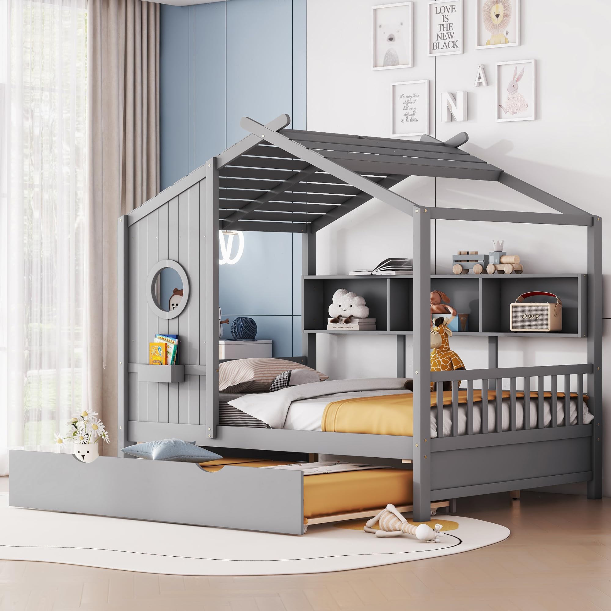 P PURLOVE Full Size Wooden House Bed with Trundle & Storage Shelf - Modern Kids Bed Frame for Boys, Girls & Teens | Playful Bedroom Decor, Sleepover Ready, Space-Saving Children's Room Furniture