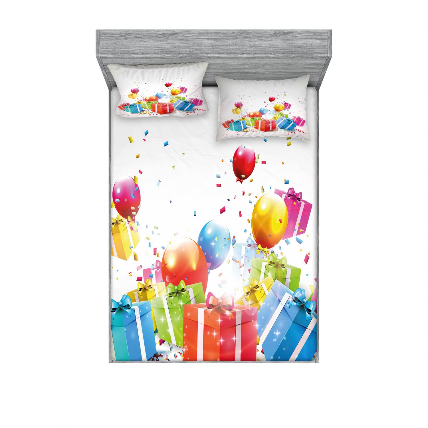 Ambesonne 2-Pack Queen Size Fitted Sheet & Pillow Sham Set - Colorful Birthday Balloons & Gift Boxes Pattern - 4 Piece Bedding Decor (2 Fitted Sheets + 4 Pillow Covers) - Vibrant Multicolor Design - Perfect for Birthday Parties, Bedroom Decor & Gift Giving