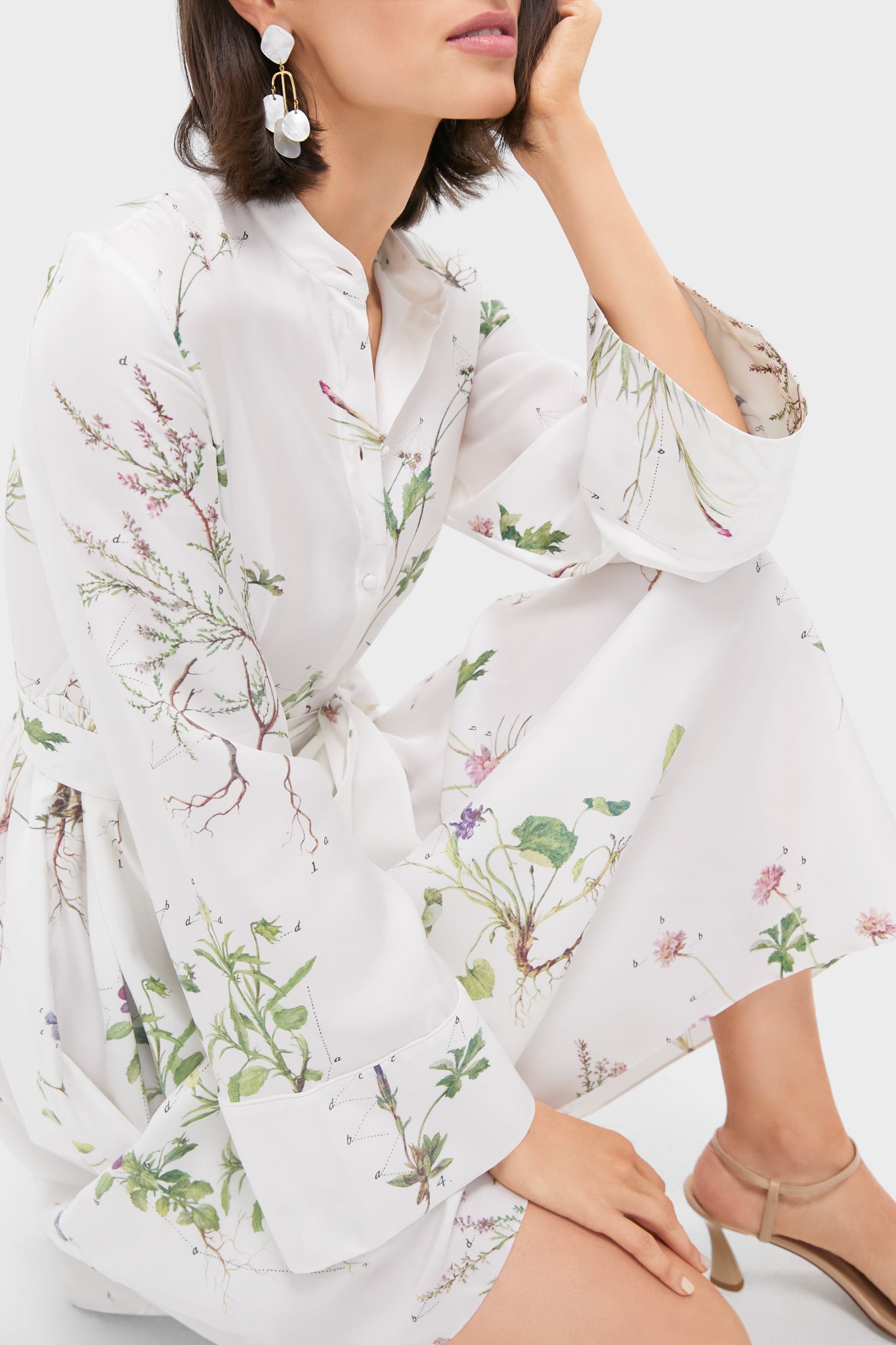 Elegant White Long Sleeve Tie Waist Midi Dress for Women | Floral Botanical Garden Print | Perfect for Garden Parties, Weddings & Spring Occasions