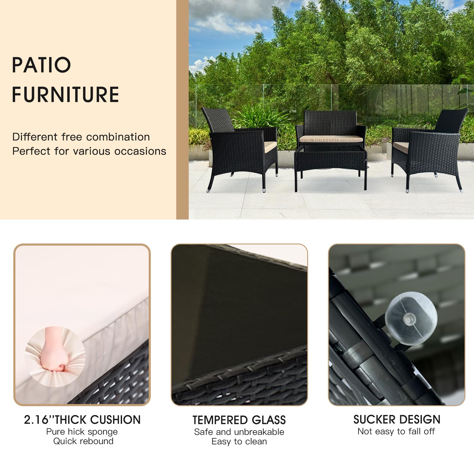 4-Piece Patio Furniture Set - Wicker Sectional Sofa with Armrest, Loveseat, Rattan Side Table & Chairs - Outdoor Conversation Set for Garden, Lawn, Pool or Backyard (Coffee/Beige) | Perfect for Relaxing, Entertaining & Enhancing Your Outdoor Living Space