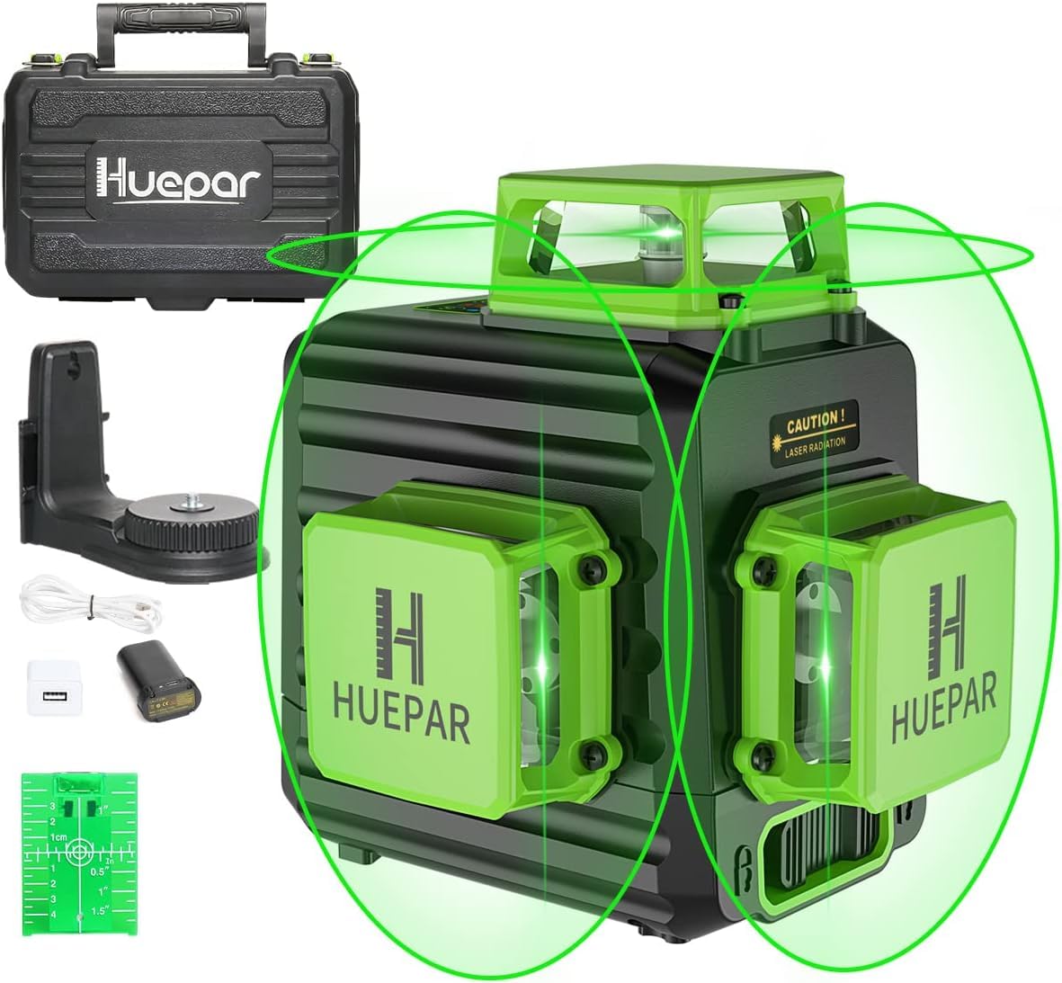 Huepar Professional 3D Laser Level 360° Self-Leveling Green Beam - 3x360 Cross Line Laser Level Tool with Li-ion Battery, Type-C Charging & Hard Carry Case - Perfect for Construction, Floor Tiling, and Wall Alignment (B03CG)