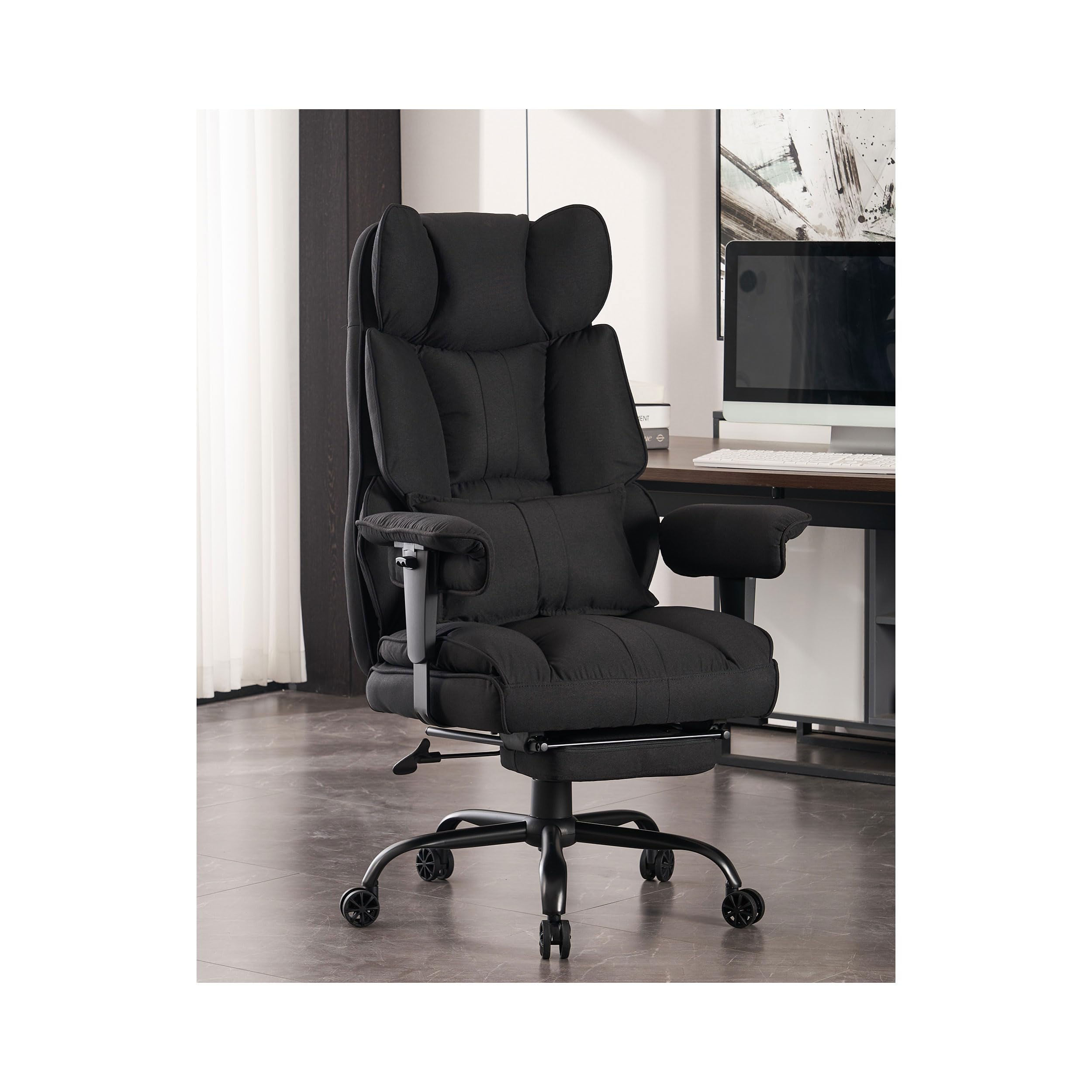 Efomao Fabric Office Chair - Big and Tall Executive Chair with 400 lb Weight Capacity, High Back Ergonomic Design & Footrest - Black - Perfect for Home Office, Gaming, and Back Pain Relief