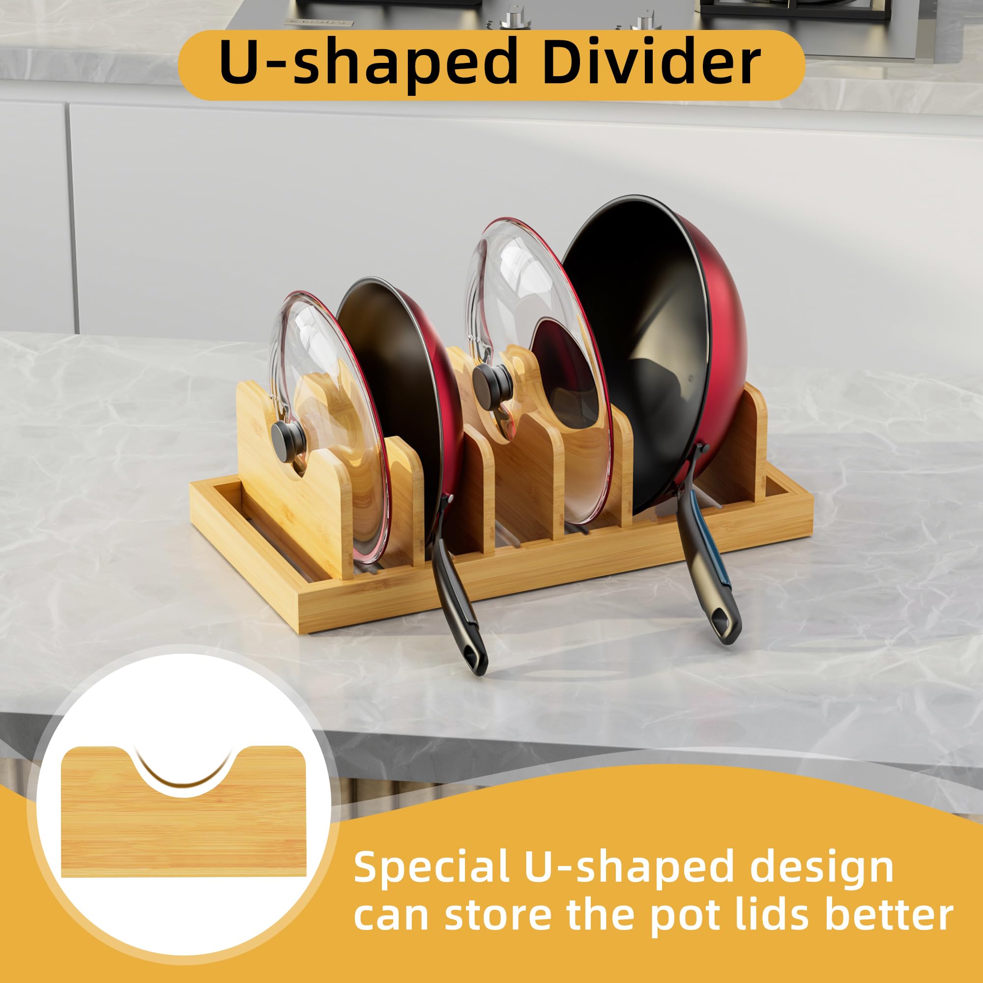 Bamboo Pot Lid Organizer & Drawer Storage - Kitchen Cabinet Organizer for Lids, Pans, Cutting Boards, Baking Sheets & Plates - Perfect for Small Space Kitchen Organization & Decluttering