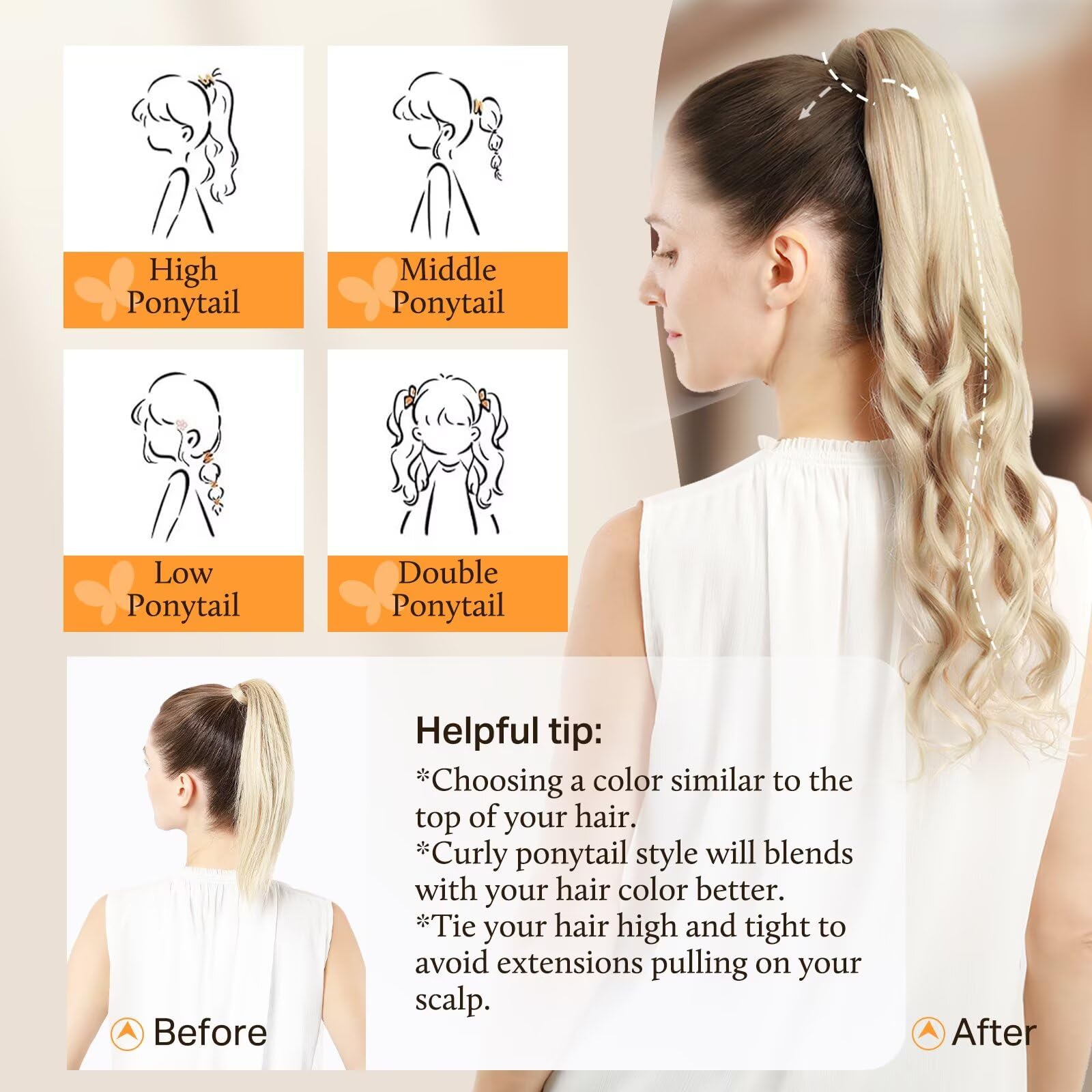 DOORES 20 Inch Clip-in Ponytail Hair Extensions - 90g Human Hair, Balayage Light Blonde with Golden Highlights | Straight Wrap-Around Ponytail with Magic Paste | Perfect for Parties, Weddings & Everyday Styling