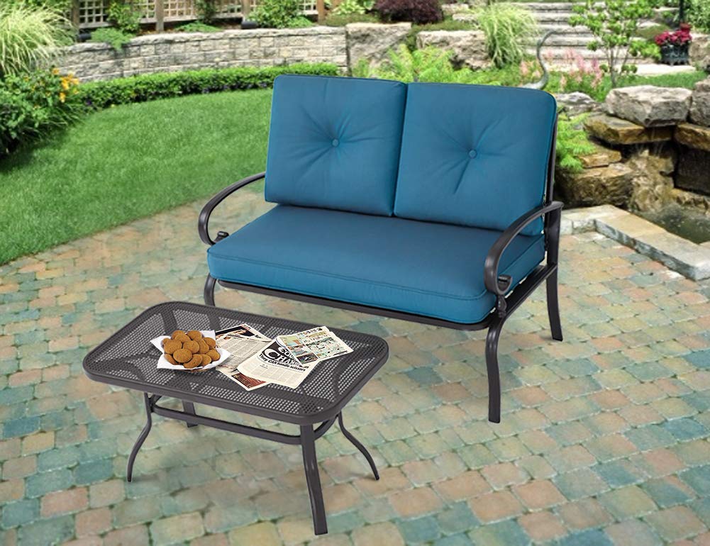 Crownland Outdoor 2-Piece Love Seat with Bistro Coffee Table Set - Patio Bench with Cushion for Garden, Porch, Yard, Poolside (Peacock Blue) | Perfect for Relaxing, Entertaining, and Outdoor Dining