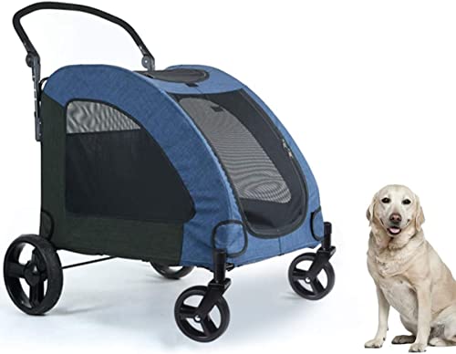 Tonchean 4-Wheel Foldable Dog Stroller for Medium & Large Dogs - Blue Pet Pushchair | Perfect for Travel, Vet Visits & Outdoor Adventures