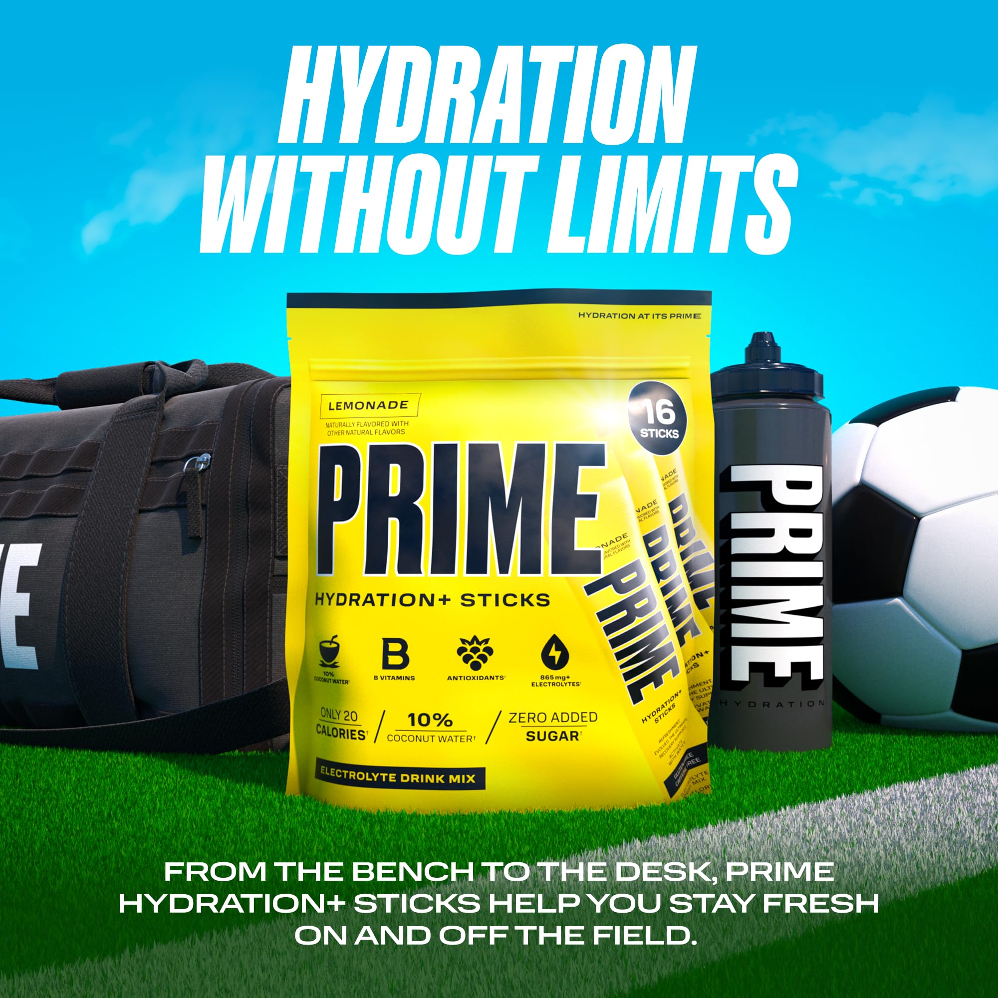 PRIME HYDRATION+ Sticks Lemonade | Electrolyte Powder Packets for On-The-Go Hydration | Low Sugar, Caffeine-Free & Vegan | 16 Single Serve Sticks | Perfect for Workouts, Travel & Outdoor Activities