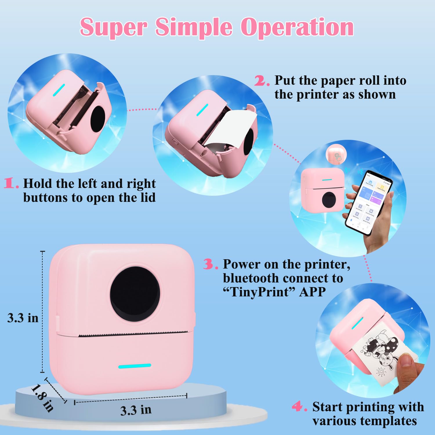 Mini Portable Inkless Sticker Printer - Wireless Thermal Printer for iPhone & Android with 12 Rolls Paper - Print Notes, Photos, Labels & Receipts - Perfect for Home, Office, School & Travel (Pink)