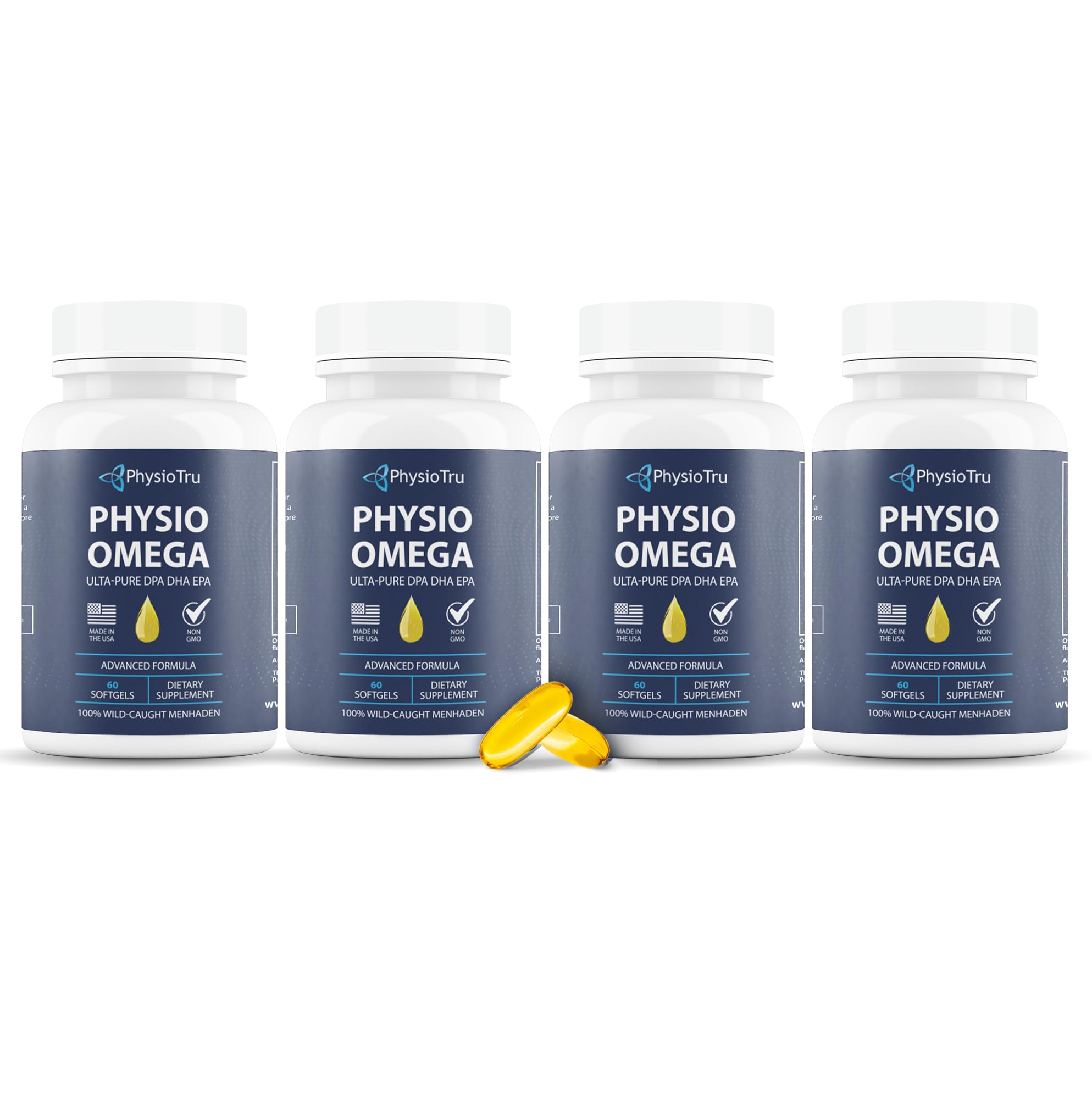 Premium Physio Omega 3 Fish Oil Supplement with DPA, EPA & DHA - Sustainably Sourced, Burpless Formula - 4 Pack - Supports Heart, Brain & Joint Health for Active Adults & Seniors