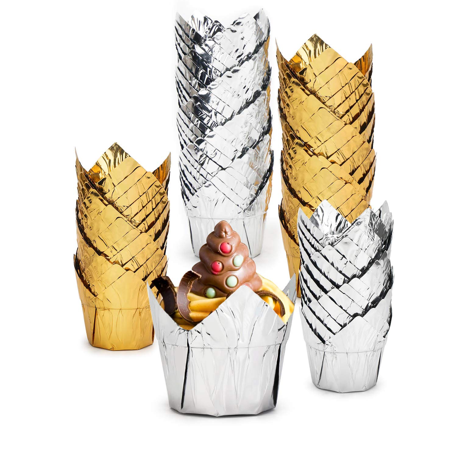 EUSOAR 100pcs 3.5oz Disposable Aluminum Foil Tulip Cupcake Liners - Premium Baking Cups for Muffins, Cupcakes & Desserts - Perfect for Parties, Holidays & Home Baking