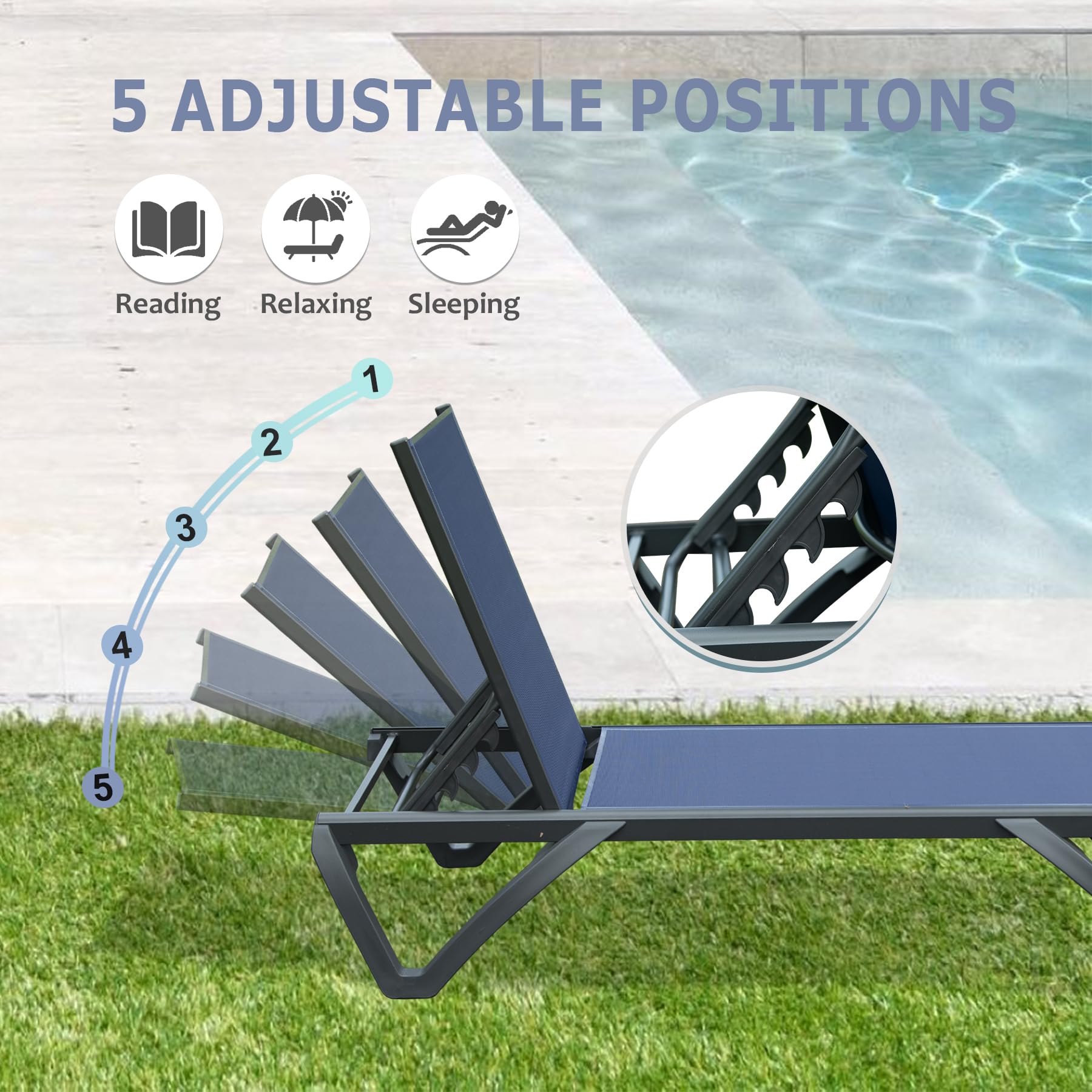 Domi Patio Lounge Chairs Set of 2, 5-Position Adjustable Aluminum Pool Chaise Lounge with Wheels, Outdoor Patio Furniture for Poolside, Beach, Garden, Backyard, Deck - Navy Blue