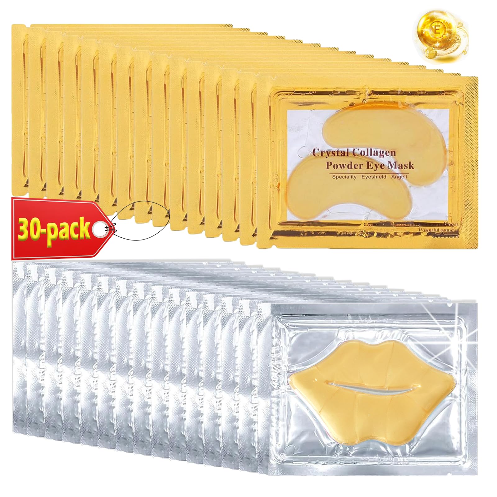 30PCS 24K Gold Eye Mask & Crystal Lip Mask Set - Anti-Aging Collagen Gel for Puffy Eyes, Dark Circles & Dry Lips - Hydrating Under Eye Patches & Overnight Lip Sleeping Mask - Perfect for Night Skincare & Travel Essentials