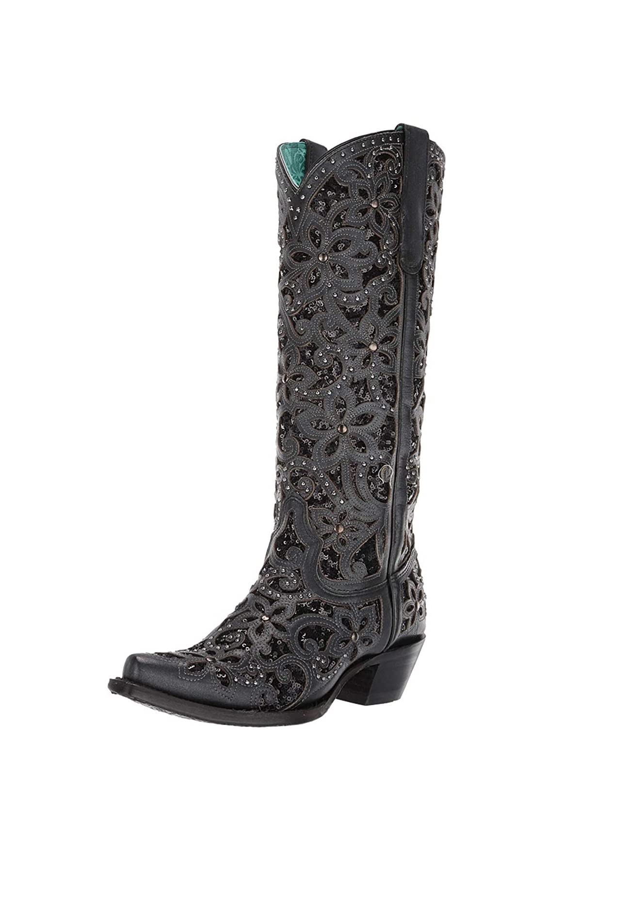 Floral Studded Rhinestone Cowgirl Boots for Women - Knee High Western Boots with Sequins & Tooled Inlay - Snip Toe Casual Boots 1-2