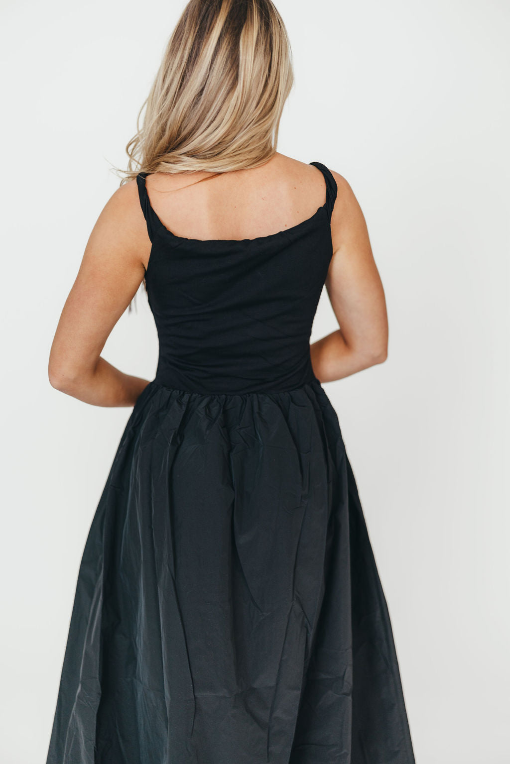 Elegant Bethany Off Shoulder Midi Dress in Black - Perfect for Date Night, Cocktail Parties & Summer Weddings