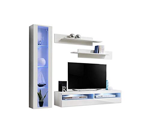 Modern White Wall-Mounted TV Stand with Storage Shelves & LED Lights - Meble Fly G2 35
