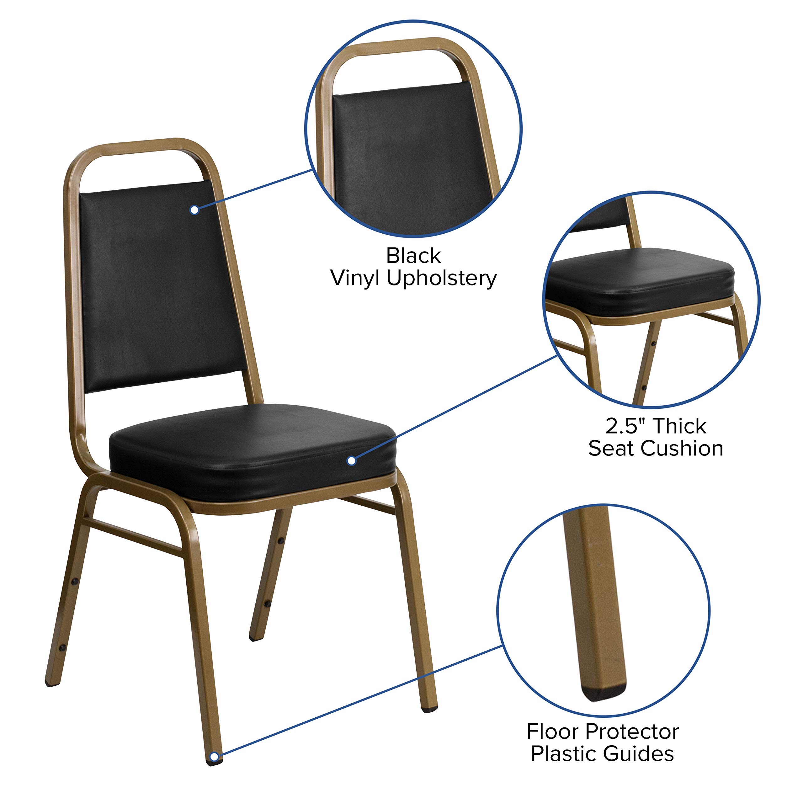 4 Pack Black Vinyl Trapezoidal Stacking Banquet Chairs with Gold Frame - Perfect for Weddings, Events, and Conference Room Seating