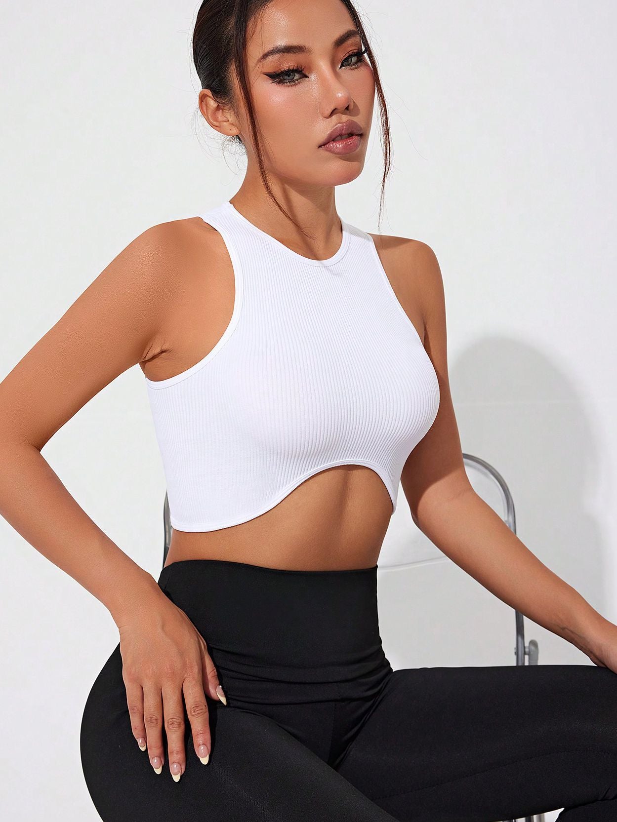 ZASUWA Women's Sexy Round Neck Ribbed Quick Dry Tank Top - Irregular Design for Gym, Yoga & Summer Outfits