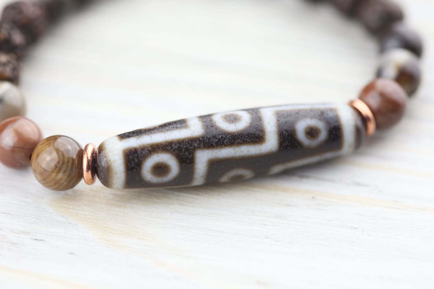 9 Eye Dzi Beads & Petrified Wood Buddhist Mala Bracelet - Spiritual Meditation, Yoga Accessory & Positive Energy Jewelry for Men and Women