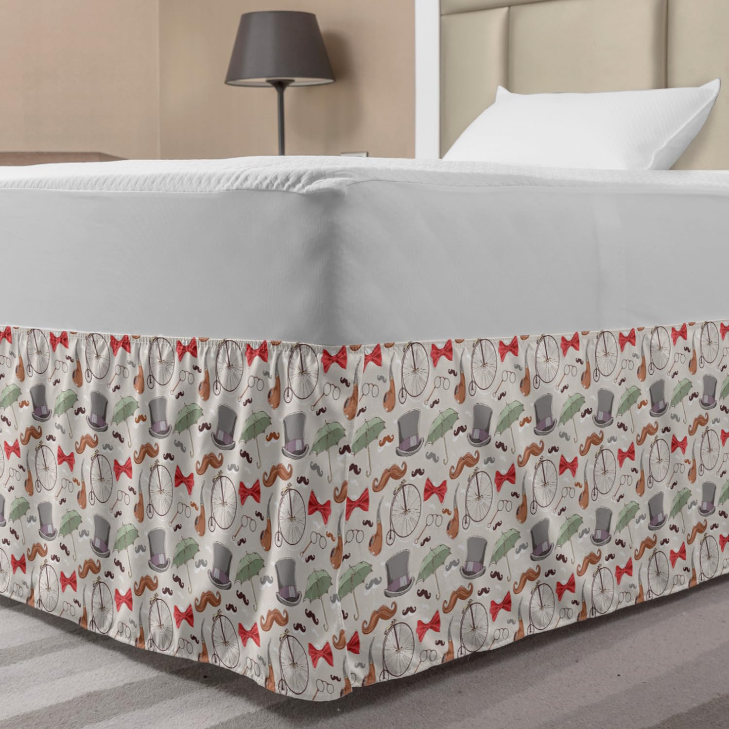 Ambesonne Vintage Bicycle Themed Elastic Bed Skirt - Twin/Twin XL Size, 1940s Inspired High-Wheel Bicycle Design with Lorgnette, Bow Tie & Handlebar Mustache Patterns, Wrap Around Dust Ruffle for Bedroom Decor | Perfect for Vintage Cycling Enthusiasts & Themed Bedroom Designs