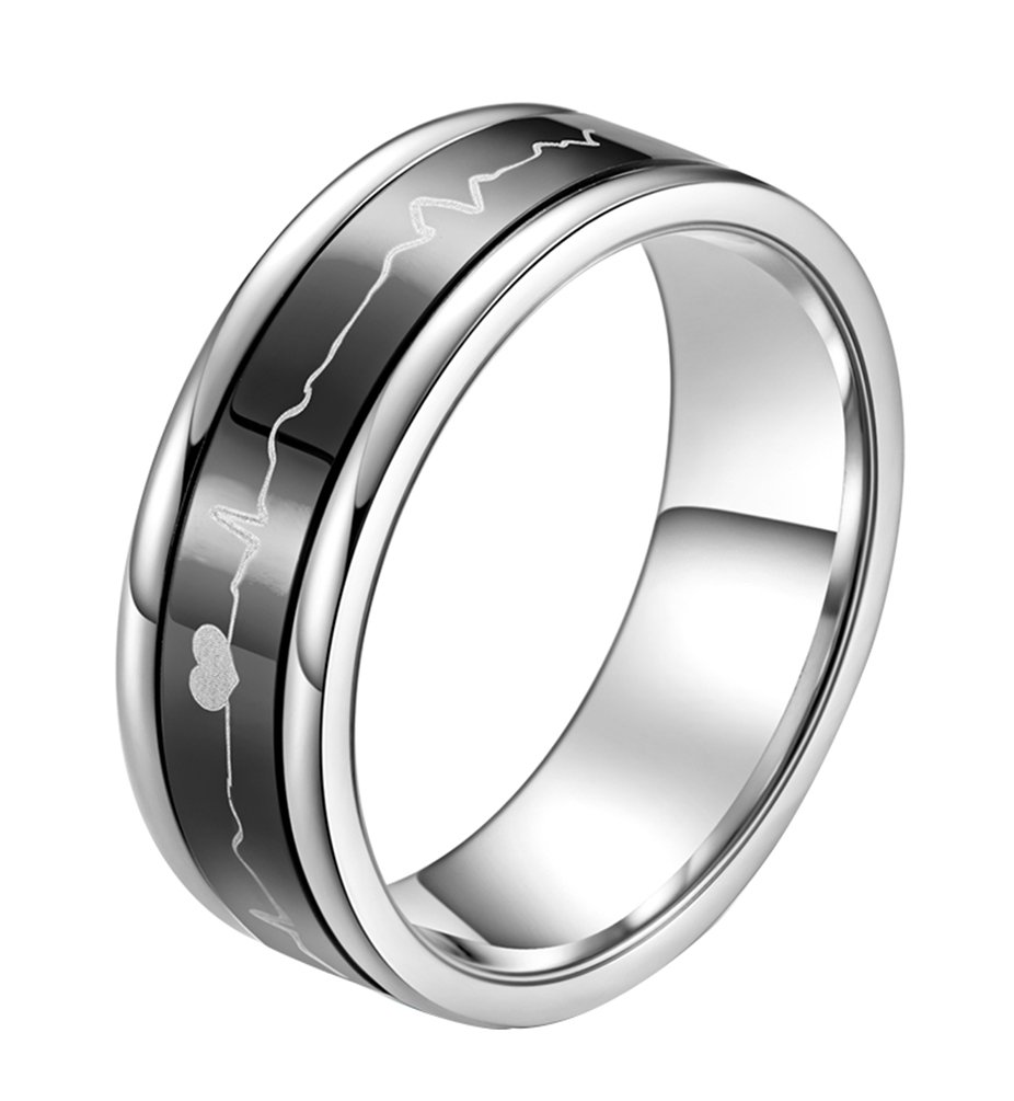ALEXTINA 7MM Smooth Stainless Steel Spinner Rings for Women & Men - Heartbeat Couple Rings in Black & Blue - Perfect for Anniversary Gifts, Wedding Bands, and Everyday Wear