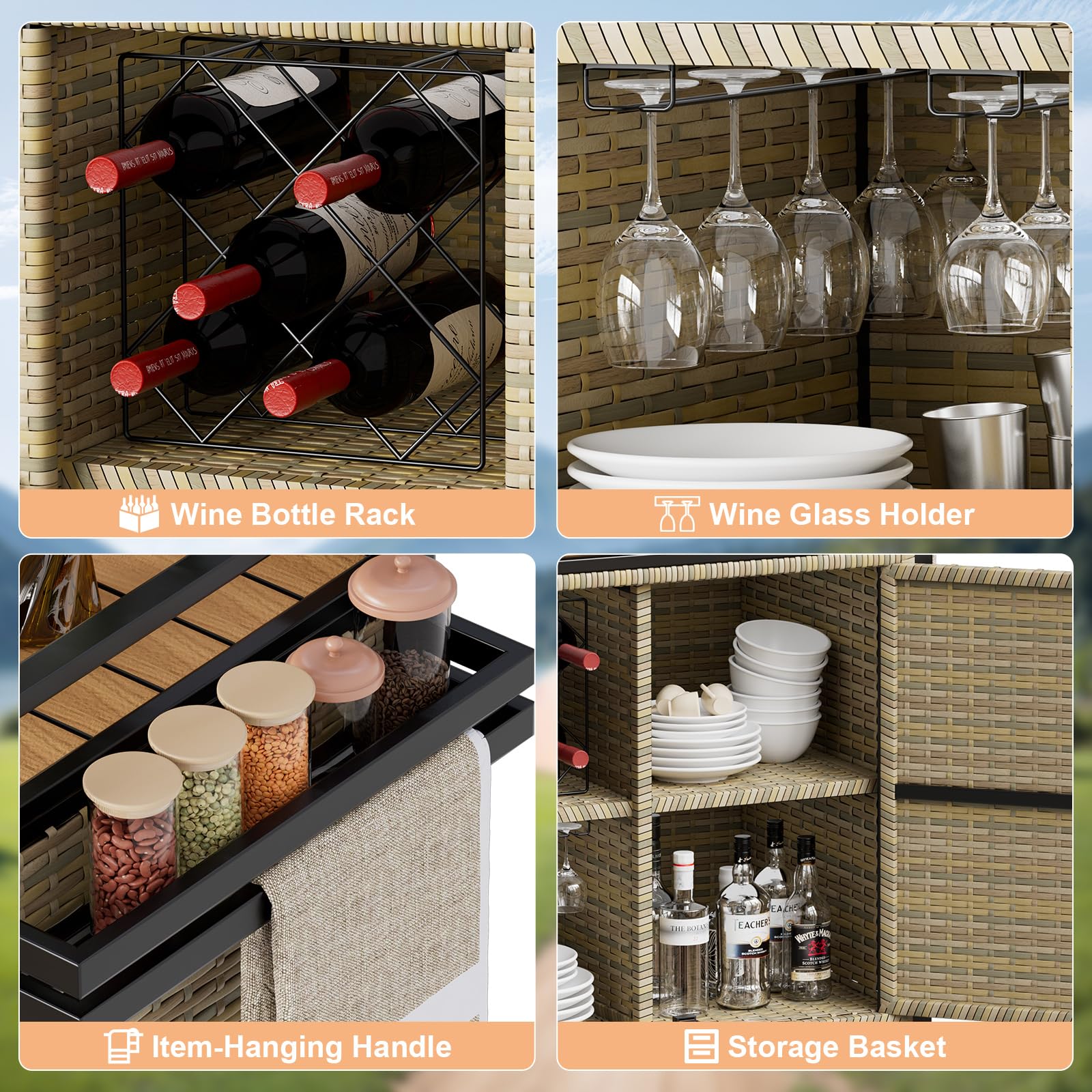 XL Outdoor Kitchen Wicker Rolling Bar Cart with Storage Cabinet & Extendable Plastic Wood Table Top - Mobile Kitchen Island for Patio, Backyard, Garden, Poolside - Double Handle Design, Brown - Perfect for Outdoor Entertaining, BBQ Parties & Poolside Drinks