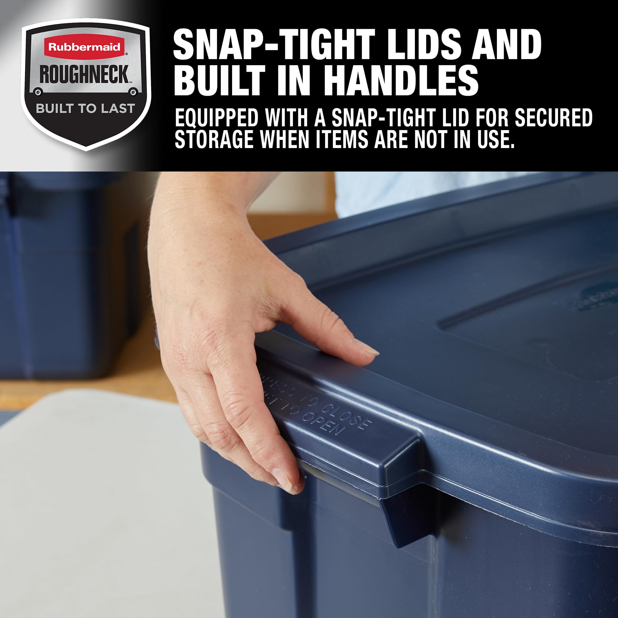 Rubbermaid Roughneck Tote 14 Gallon (6-Pack) - Durable Stackable Storage Bins with Lids & Handles - Made in USA - Dark Indigo Metallic - Perfect for Garage Organization, Home Storage & Moving Supplies