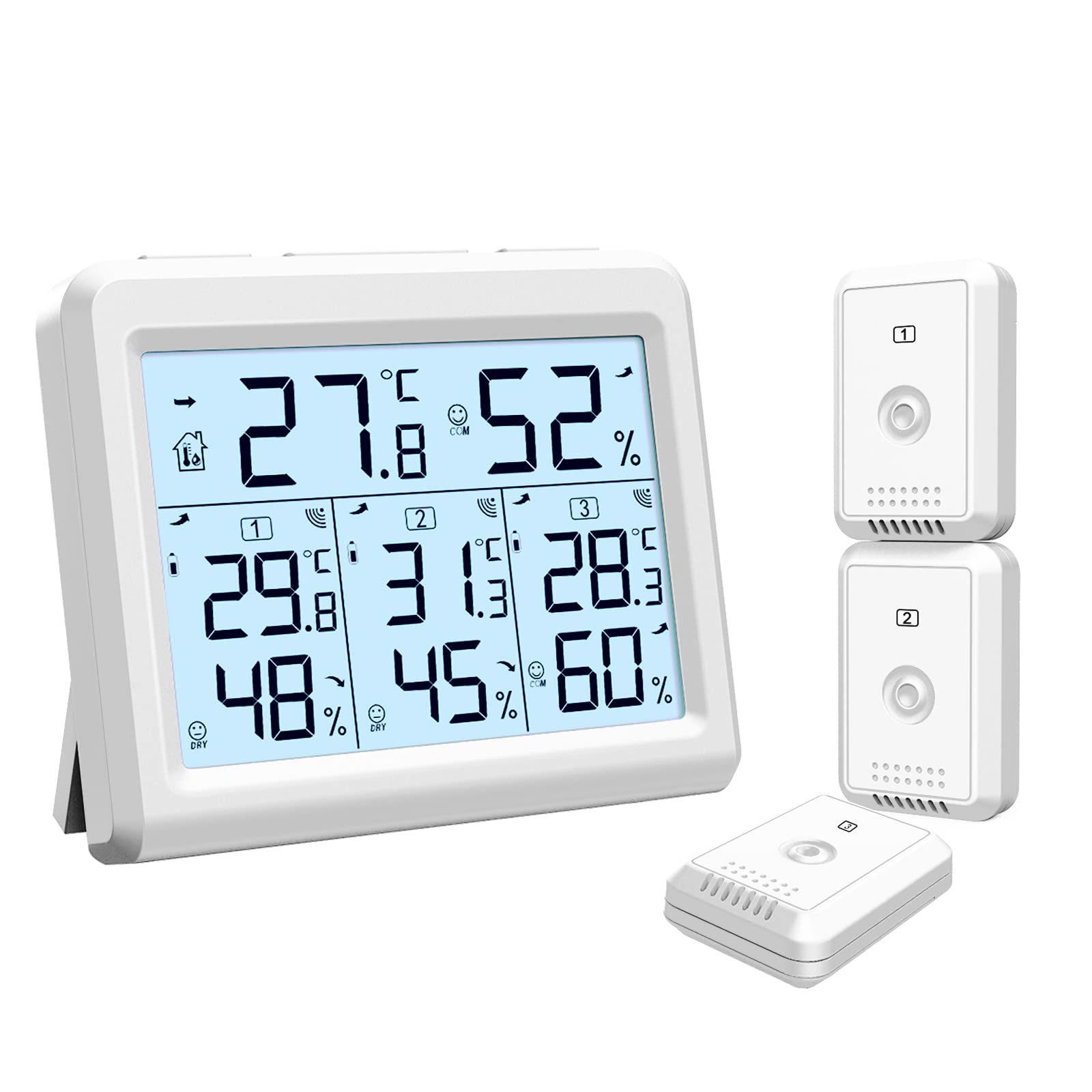KeeKit Wireless Digital Hygrometer Thermometer with 3 Sensors - Indoor Outdoor Temperature Humidity Monitor with LCD Backlight, Min/Max Records - Perfect for Home, Office, Restaurant, Bar, Cafe, Greenhouse & Wine Cellar