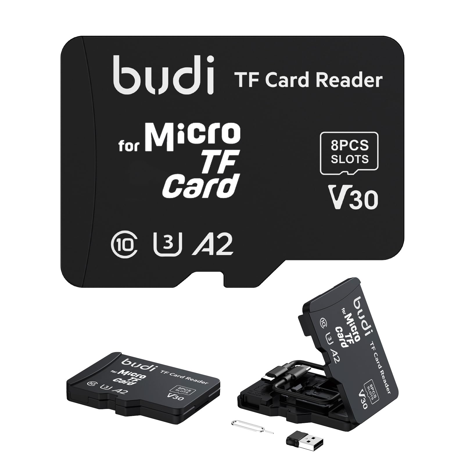 BUDI 8-Slot Micro SD Card Reader with USB Type-C & USB - Compatible with iPhone 16/15/14/13/12/11/Pro Max, Tablets, Android, Mac, PC & Cameras | Portable Memory Card Storage Case for Travel, Photography & Data Backup