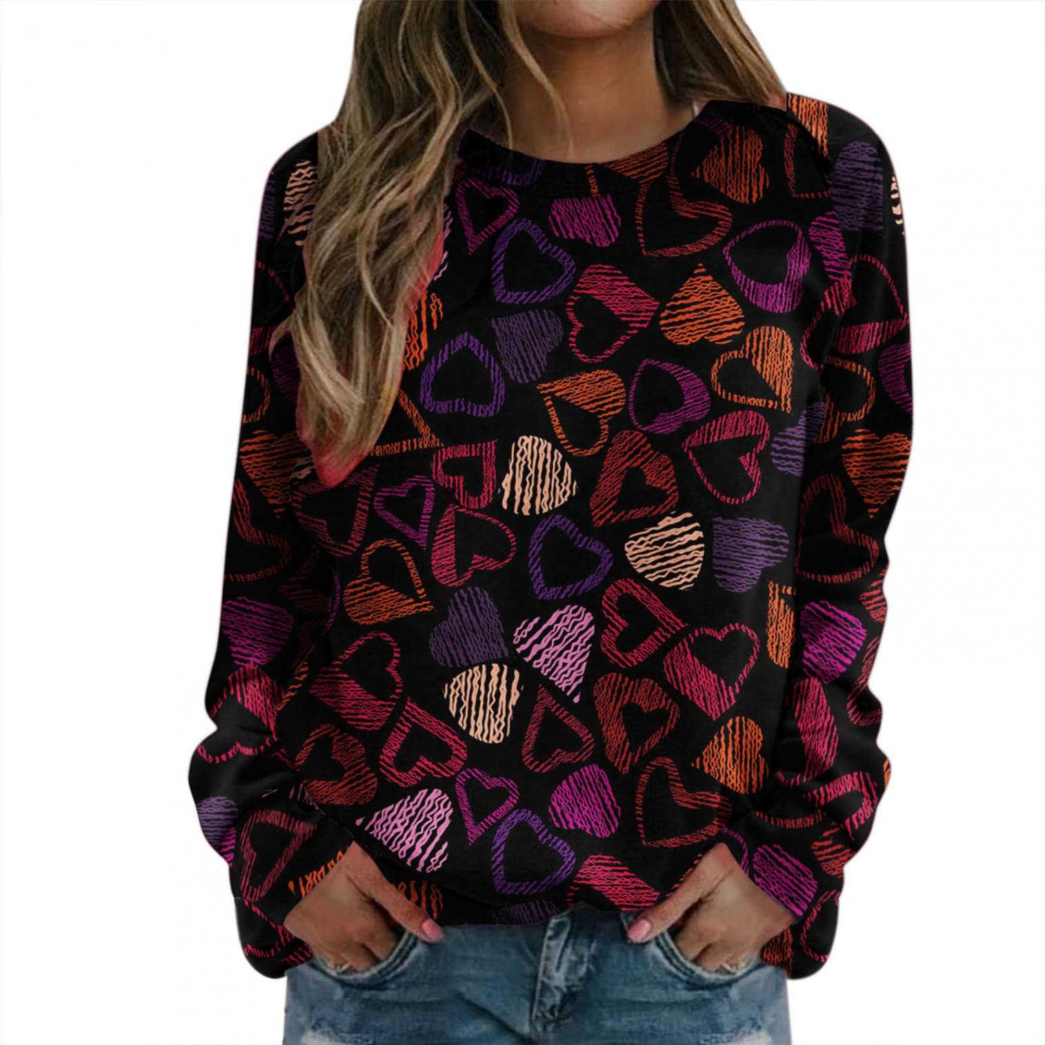 Women's Long Sleeve Graphic Crewneck Sweatshirt - Heart Print Casual Pullover Blouse | Comfortable Fall & Winter Tops for Everyday Wear, Lounge & Street Style