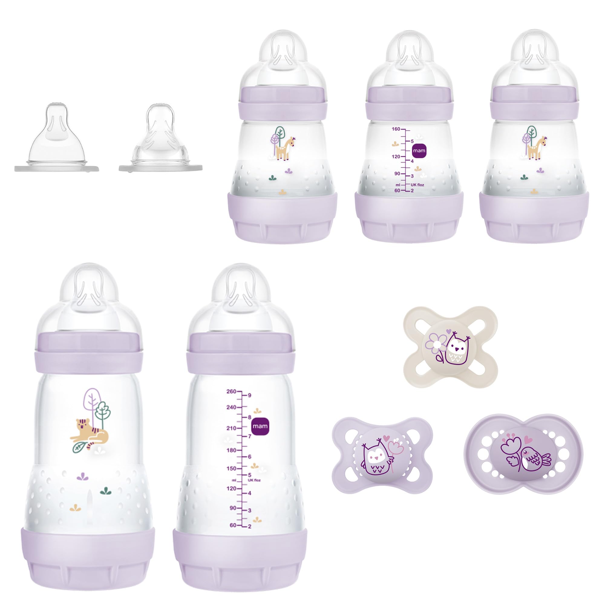 MAM Newborn Essentials Must-Have Baby Bottle Set for 0-3 Months - 5oz Anti-Colic Bottles, Self-Sterilizing, Pacifiers & Skinsoft Silicone Nipples - 10-Piece Feeding Gift Set for Girls - Perfect for Newborn Care, Baby Showers & On-the-Go Feeding