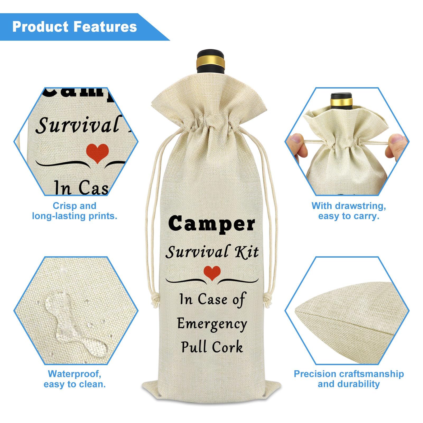 Funny Camper Wine Bag - Insulated Burlap Wine Bottle Cover for Camping, Travel Trailers & Outdoor Adventures - Perfect Gift for Men & Women (Birthday, Christmas, Graduation) - Great for Picnics, BBQs & RV Trips