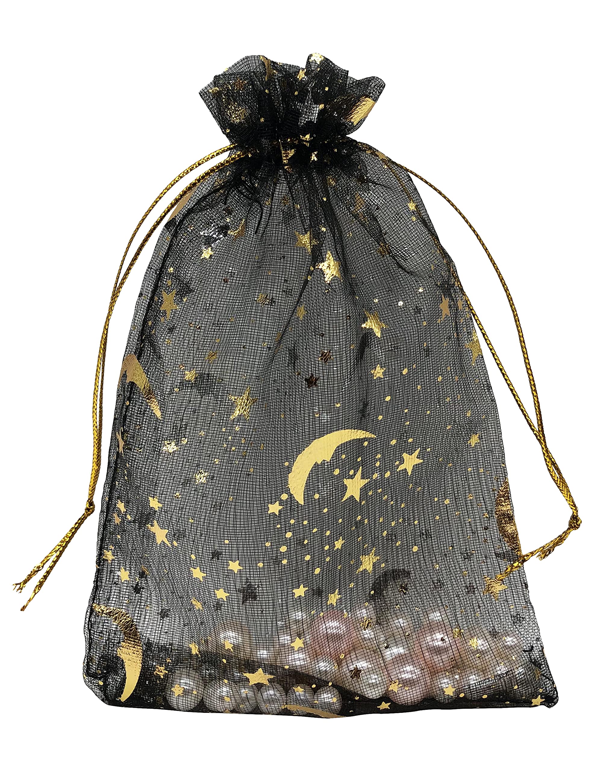 100PCS 4x6 Inch Black Organza Drawstring Bags - Premium Jewelry Gift Bags with Moon & Star Design for Wedding Favors, Party Gifts, Candy Packaging & Small Item Storage