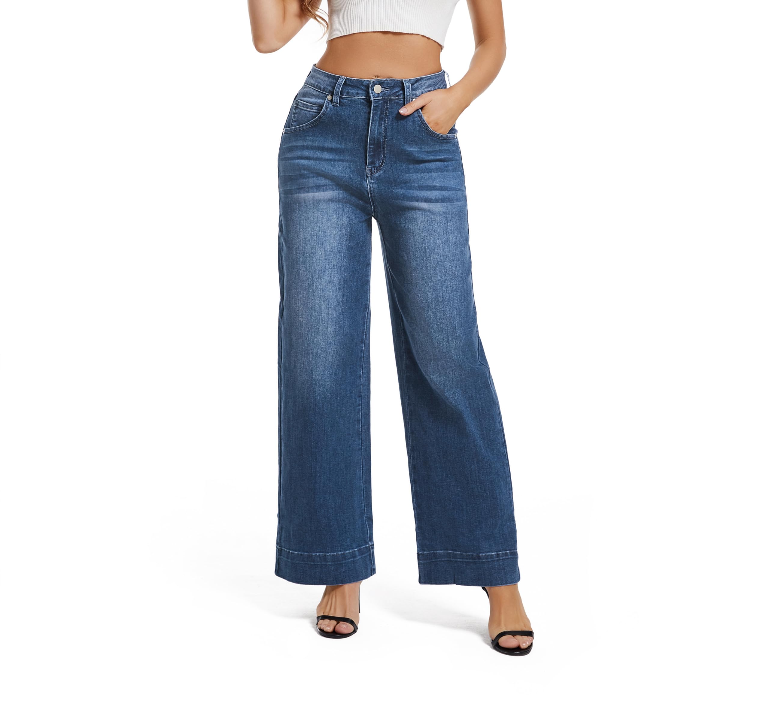 Women's High Waisted Stretchy Jeans - Wide Leg, Baggy, Loose Fit Trendy Denim Pants for Casual Wear & Street Style Outfits