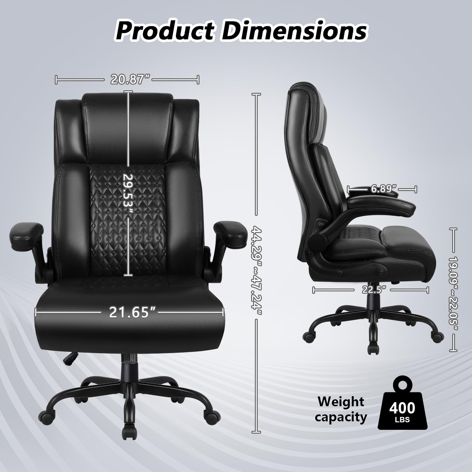 Big and Tall Office Chair - Heavy Duty Ergonomic Leather Computer Desk Chair with Flip-Up Armrests & Lumbar Support - 400 lbs Weight Capacity - Perfect for Home Office, Gaming, and Executive Workspaces